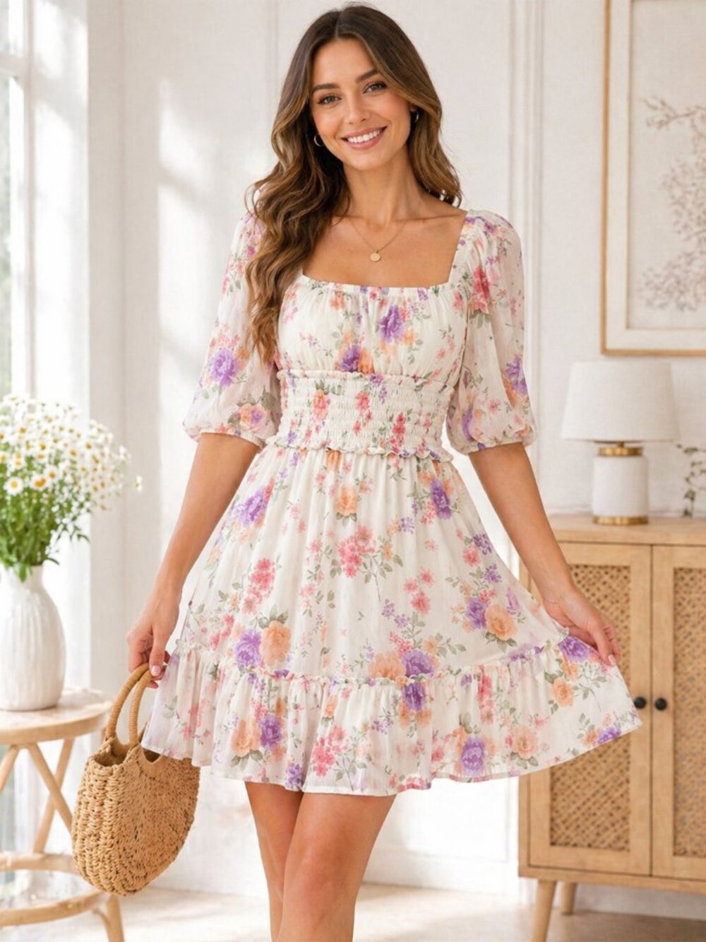 Trixxi Floral Puff Sleeve Smocked S Babydoll Mini Dress Cottagecore Soft Girl
